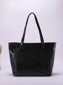 Crocodile Embossed Shoulder Tote Bag, Animal Print Women Bag - Black - View 2