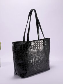 Crocodile Embossed Shoulder Tote Bag, Animal Print Women Bag - Black - View 7