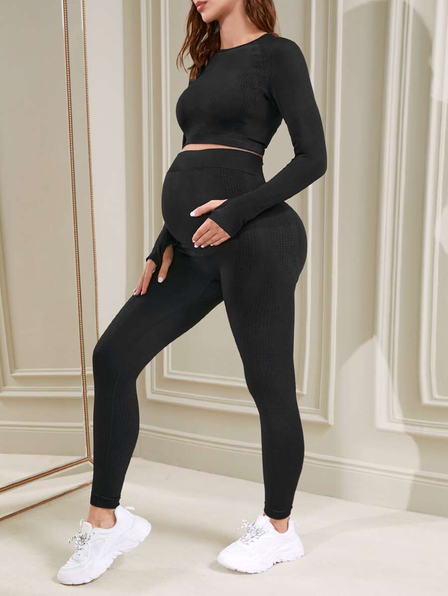 SHEIN 孕婦素色短款T恤和寬腰帶緊身打底褲