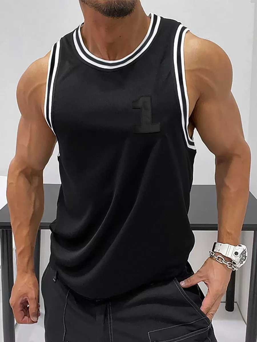 Aesthetic Post--Men Letter Embroidery Striped Trim Tank Top - Black - View 1