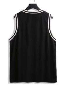 Aesthetic Post--Men Letter Embroidery Striped Trim Tank Top - Black - View 2