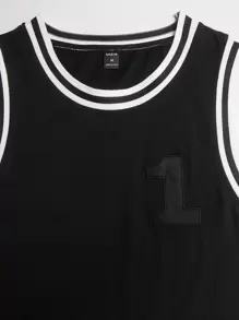 Aesthetic Post--Men Letter Embroidery Striped Trim Tank Top - Black - View 3