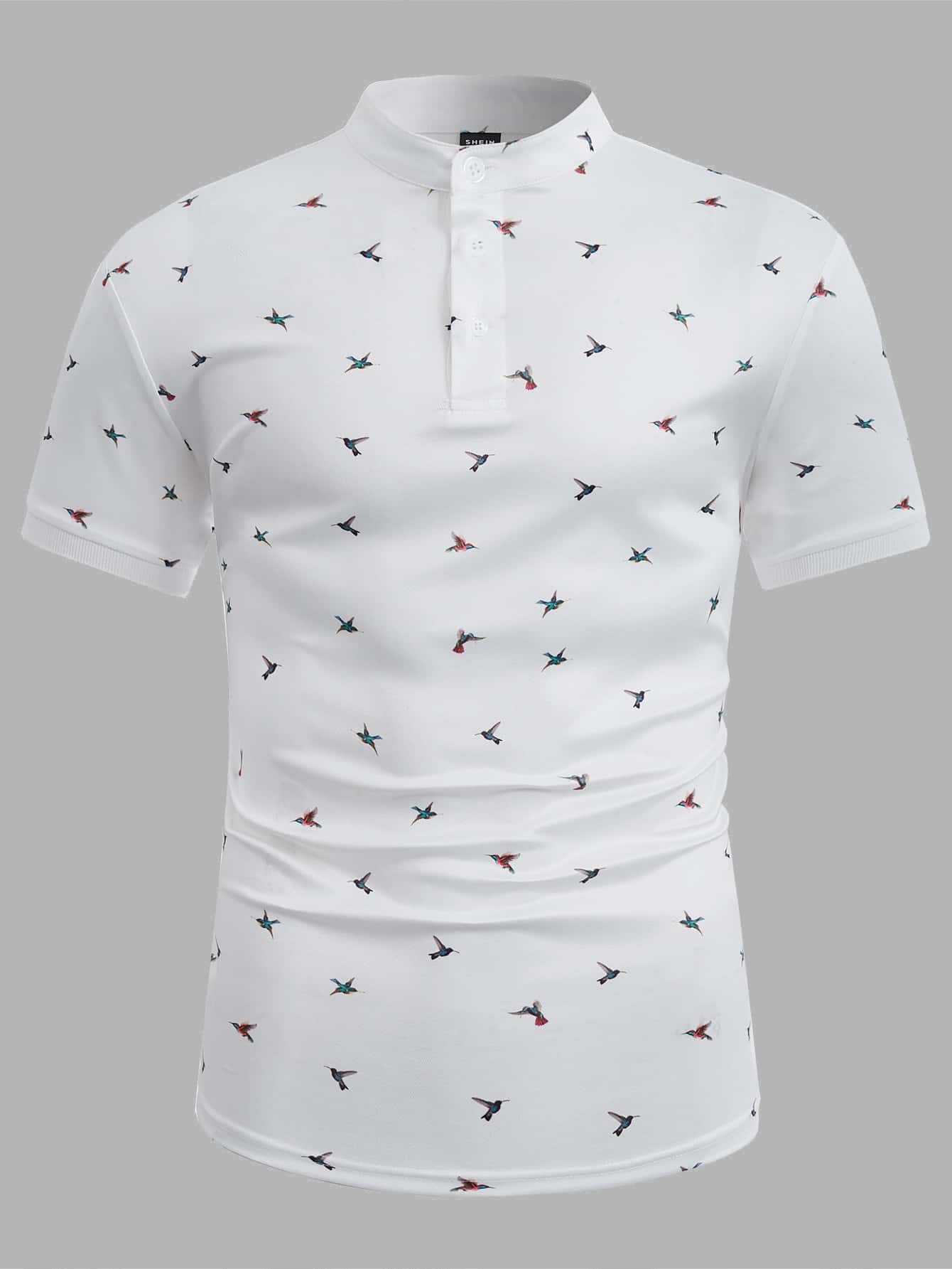GENTILAND Men Bird Print Polo Shirt - White - View 1