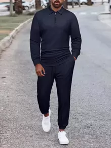 Manfinity Homme Men Quarter Zip Polo Shirt & Joggers - Navy Blue - View 1