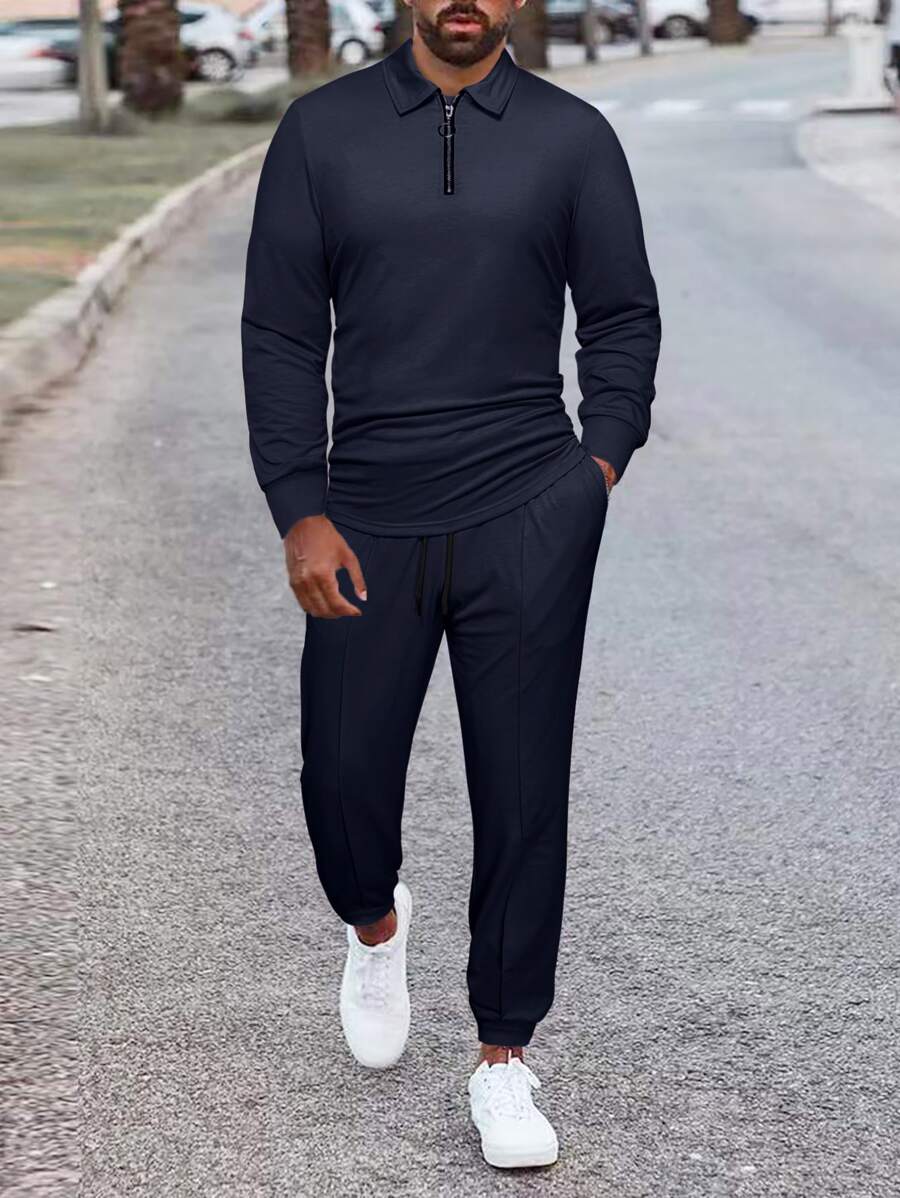 Manfinity Homme Men Quarter Zip Polo Shirt & Joggers - Navy Blue - View 1