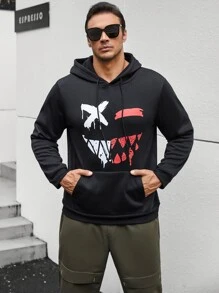 Manfinity Hombres Sudadera con capucha con estampado de dibujos animados con cordón - Negro - Ver 4