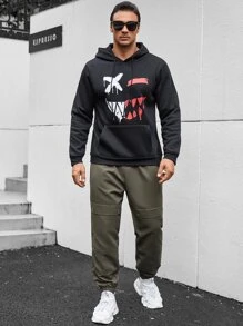 Manfinity Hombres Sudadera con capucha con estampado de dibujos animados con cordón - Negro - Ver 3