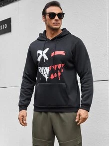 Manfinity Hombres Sudadera con capucha con estampado de dibujos animados con cordón - Negro - Ver 5