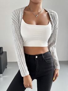 Muchica Casual Plain Color Ribbed Knit Front Open Cardigan, Autumn - Grey - View 1