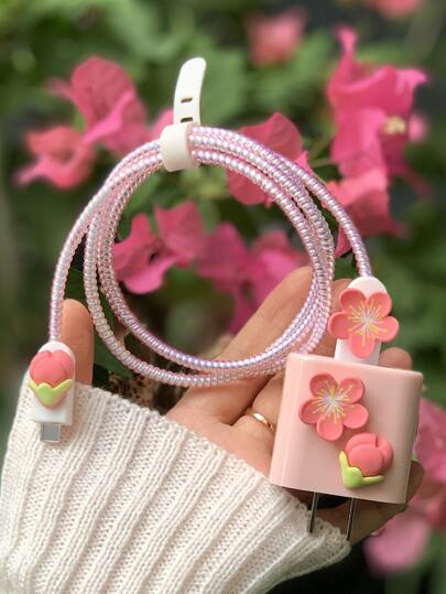 5入組花朵裝飾數據線保護頭和充電頭套套裝