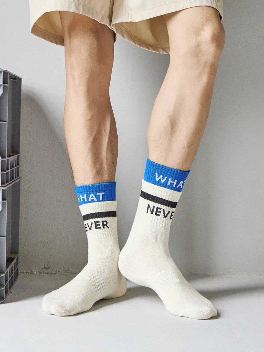 Men Letter Graphic Crew Socks - Beige - View 1