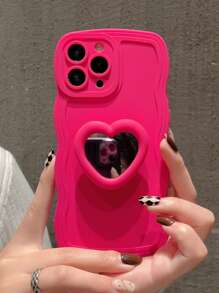 素色手機殼帶心形鏡子手機氣囊支架 - 玫紅色 - 查看 3