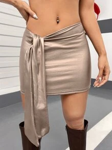 SHEIN ICON Low Rise Draped Front Metallic Bodycon Skirt - Gold - View 1