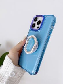 Plating Phone Case With Faux Pearl Stand-Out Phone Grip - Blue - View 1