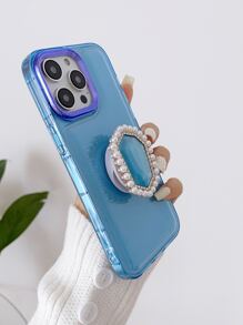 Plating Phone Case With Faux Pearl Stand-Out Phone Grip - Blue - View 4