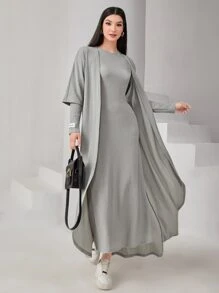 Mulvari Abaya de punto texturizado de frente abierto y vestido árabe modesto de manga larga - Gris - Ver 1