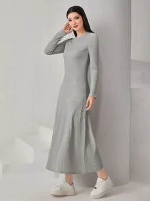 Mulvari Abaya de punto texturizado de frente abierto y vestido árabe modesto de manga larga - Gris - Ver 3