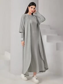 Mulvari Abaya de punto texturizado de frente abierto y vestido árabe modesto de manga larga - Gris - Ver 5