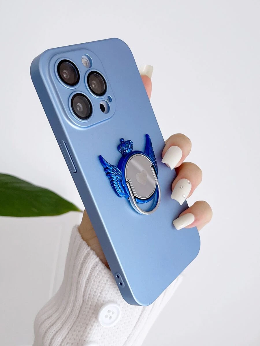 Plain Phone Case With Wings Design Ring Holder - Blue - View 1