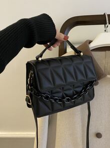 Lightweight,Business Casual Mini Geometric Embossed Chain Decor Flap Square Bag For Teen Girls Women College Students,Rookies & White-collar Workers Perfect for Office,College,Work ,Business,Commute,Outdoors, Travel, Outings - Black - View 2