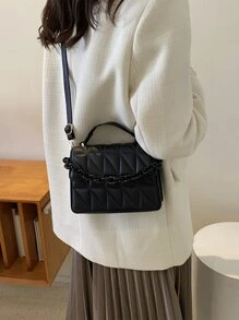 Lightweight,Business Casual Mini Geometric Embossed Chain Decor Flap Square Bag For Teen Girls Women College Students,Rookies & White-collar Workers Perfect for Office,College,Work ,Business,Commute,Outdoors, Travel, Outings - Black - View 5