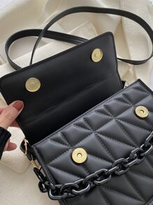 Lightweight,Business Casual Mini Geometric Embossed Chain Decor Flap Square Bag For Teen Girls Women College Students,Rookies & White-collar Workers Perfect for Office,College,Work ,Business,Commute,Outdoors, Travel, Outings - Black - View 7