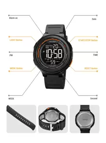 Skmei 1入組黑色TPR聚氨酯帶運動日期鬧鈴防水圓形錶盤數字手錶,適用於日常生活 - 黑色 - 查看 5