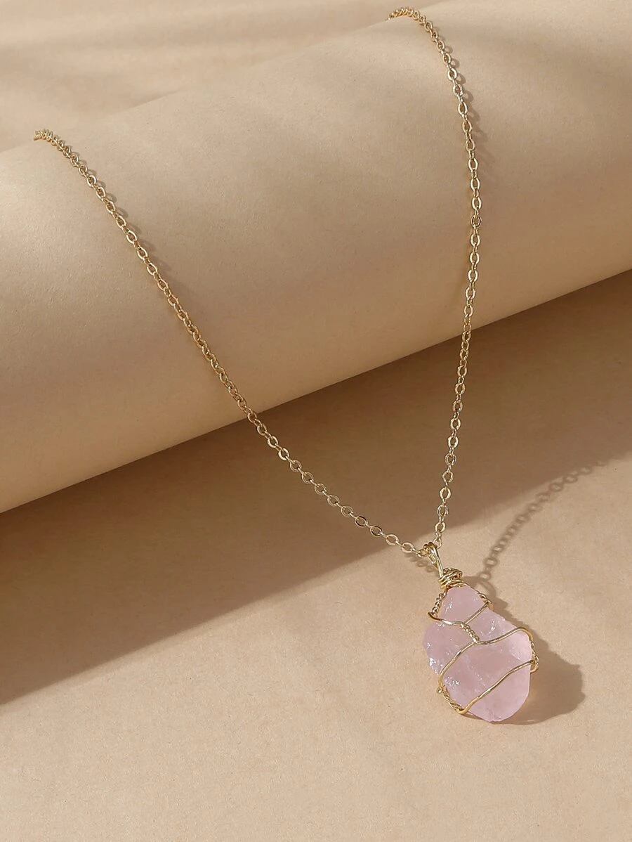 1 Dây Đồng Handmade Thời Trang Cá Tính Bọc Vòng Cổ Đá Tự Nhiên, Mặt Dây Chuyền Nữ. Đá thay đổi một chút về kích thước và màu sắc. - Hồng - Xem 1