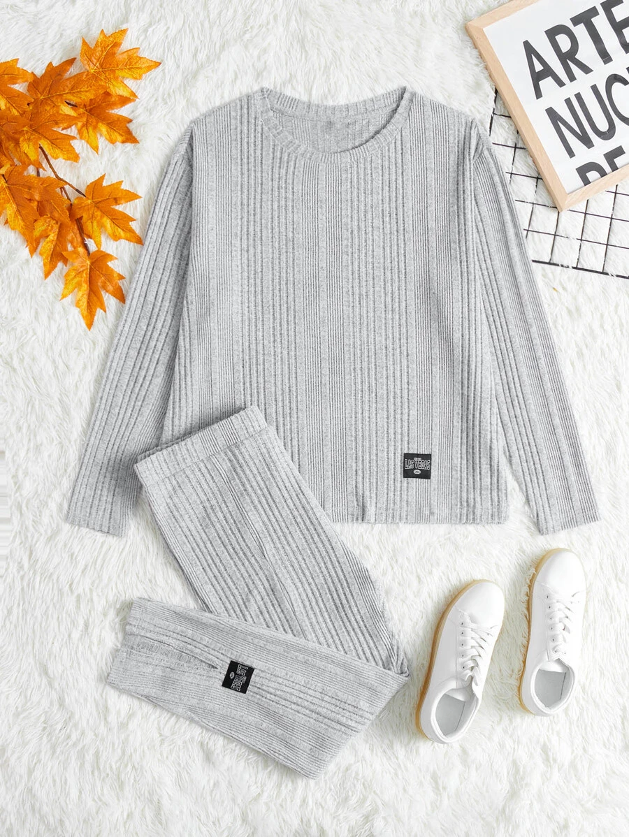 SHEIN LUNE Plus Drop Shoulder Rib-knit Tee & Split Hem Trousers Set - Light Grey - View 1