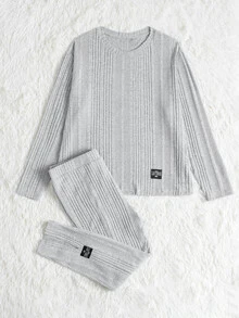 SHEIN LUNE Plus Drop Shoulder Rib-knit Tee & Split Hem Trousers Set - Light Grey - View 7