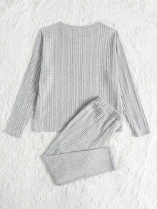 SHEIN LUNE Plus Drop Shoulder Rib-knit Tee & Split Hem Trousers Set - Light Grey - View 8