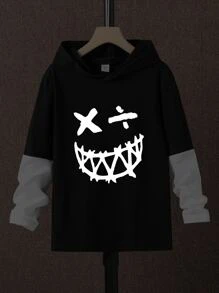 Boys Reflective Cartoon Graphic 2 In 1 Hooded Tee - Black and White - View 1