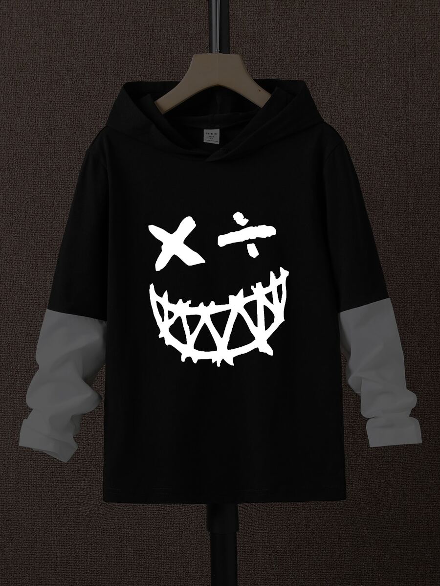 Boys Reflective Cartoon Graphic 2 In 1 Hooded Tee - Black and White - View 1