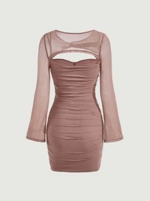 SHEIN MOD 網紗拼接鏤空褶邊緊身洋裝 - 藕粉色 - 查看 5
