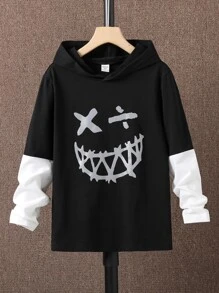 Boys Reflective Cartoon Graphic 2 In 1 Hooded Tee - Black and White - View 5