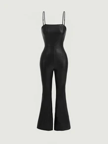 SHEIN MOD Solid PU Leather Flare Leg Jumpsuit - Black - View 2