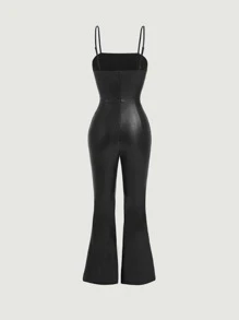 SHEIN MOD Solid PU Leather Flare Leg Jumpsuit - Black - View 5