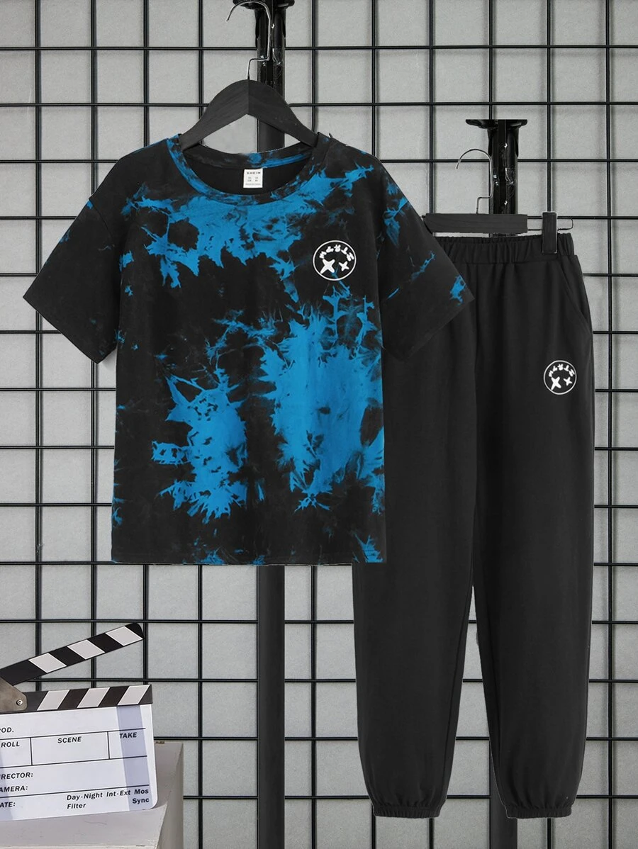 SHEIN Leap Crew Boys Cartoon Face Print Tie Dye Tee & Joggers - Blue - View 1