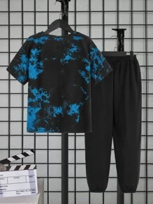 SHEIN Leap Crew Boys Cartoon Face Print Tie Dye Tee & Joggers - Blue - View 2