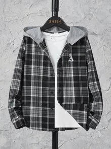 SHEIN 男孩格紋和字母圖案連帽襯衫不帶T恤