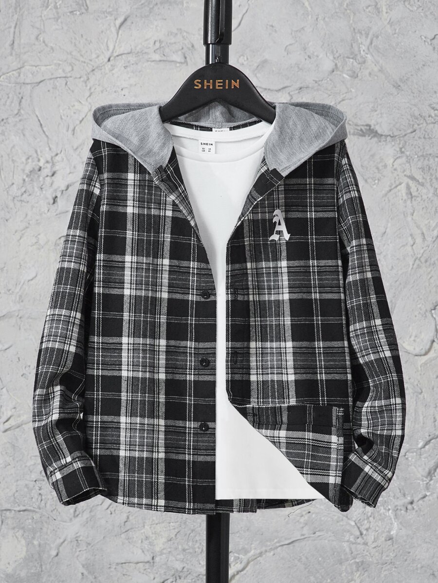 SHEIN 男孩格紋和字母圖案連帽襯衫不帶T恤