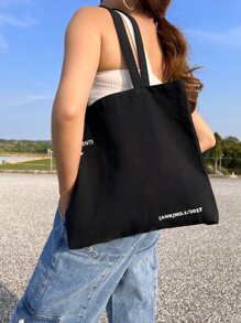 1pc Casual Large Capacity Shoulder Bags Shopper Canvas Letter Fashion Harajuku Letter Print Ulzzang Handbags Cheap Women Retro Minimalist Letter Tote Bag For Business For Girl Teen GirlsCasualSolid Color Outdoors - Black - View 6