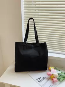 1pc Casual Large Capacity Shoulder Bags Shopper Canvas Letter Fashion Harajuku Letter Print Ulzzang Handbags Cheap Women Retro Minimalist Letter Tote Bag For Business For Girl Teen GirlsCasualSolid Color Outdoors - Black - View 2