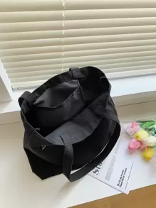 1pc Casual Large Capacity Shoulder Bags Shopper Canvas Letter Fashion Harajuku Letter Print Ulzzang Handbags Cheap Women Retro Minimalist Letter Tote Bag For Business For Girl Teen GirlsCasualSolid Color Outdoors - Black - View 3