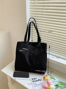 1pc Casual Large Capacity Shoulder Bags Shopper Canvas Letter Fashion Harajuku Letter Print Ulzzang Handbags Cheap Women Retro Minimalist Letter Tote Bag For Business For Girl Teen GirlsCasualSolid Color Outdoors - Black - View 4