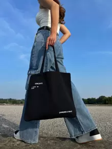 1pc Casual Large Capacity Shoulder Bags Shopper Canvas Letter Fashion Harajuku Letter Print Ulzzang Handbags Cheap Women Retro Minimalist Letter Tote Bag For Business For Girl Teen GirlsCasualSolid Color Outdoors - Black - View 5