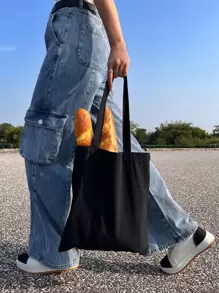 1 pieza Bolsa de lona de unicolor de gran capacidad, bolso de compras informal con asa para el hombro para el trabajo 1 pieza Bolsa de compras de lona versátil, simple, portátil, reutilizable y plegable de gran capacidad para mujeres para exteriores, de vuelta a la escuela, viajes, compras, bolsa escolar, portátil, plegable, gran capacidad, para adolescentes, mujeres, estudiantes universitarias, universidad, escuela secundaria, exteriores, viajes, salidas, trabajo, negocios, transporte, vacaciones, compras, bolso de libros preppy para la semana del libro - Negro - Ver 7