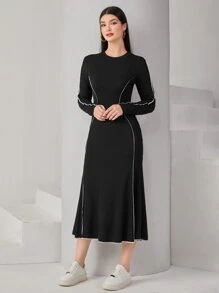 Seusyu Contrast Binding Mermaid Hem Dress Maxi Women Outfit - Black - View 3