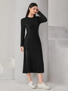 Seusyu Contrast Binding Mermaid Hem Dress Maxi Women Outfit - Black - View 4