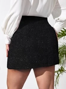 SHEIN Essnce Plus High Waist Zip Back Tweed Skirt, For Winter - Black - View 5